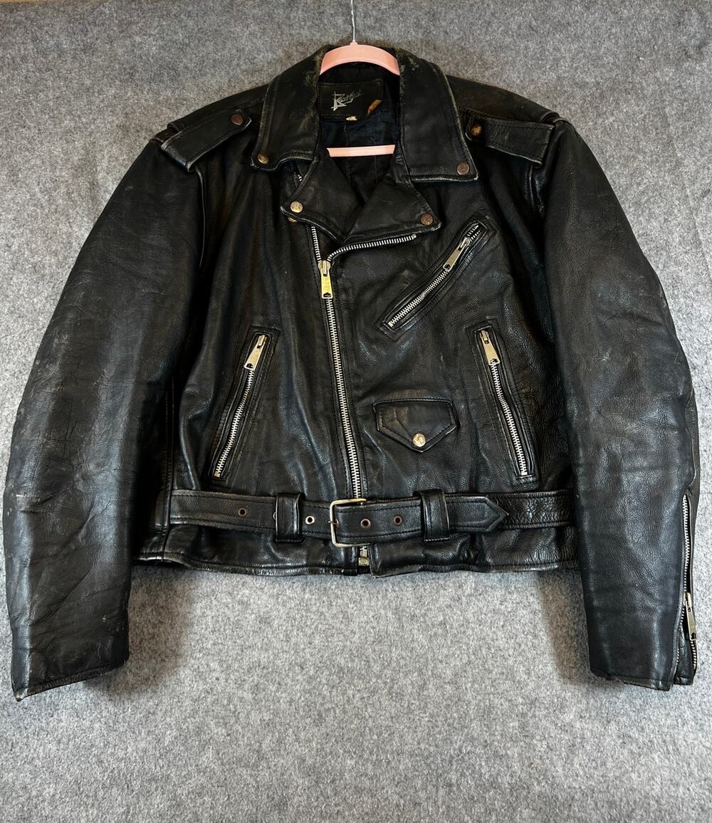 VINTAGE 80s Leather Jacket Mens Medium Black Belted Perfecto Motorcycle Biker
